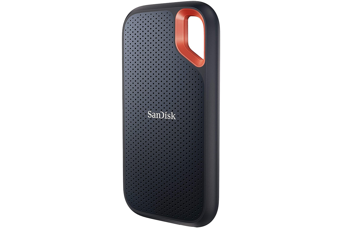 The SanDisk Extreme Portable standing on end on a white background
