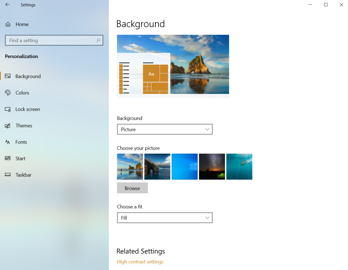 The Windows 10 Settings app displaying background image options