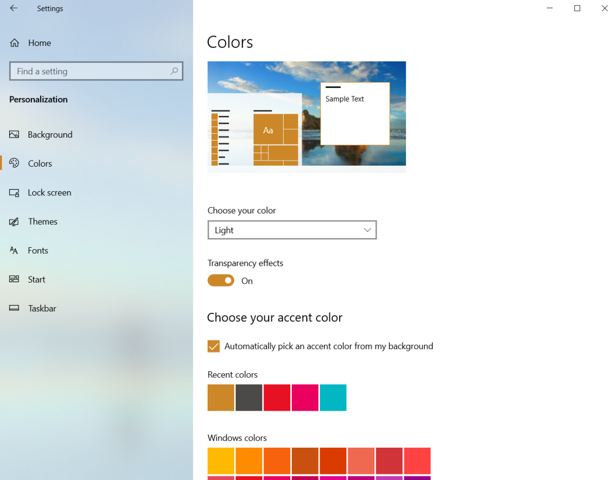 The Windows 10 Settings app displaying system color options.