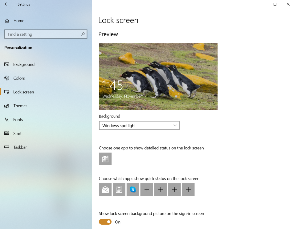 The Windows 10 settings app showing the lockscreen options