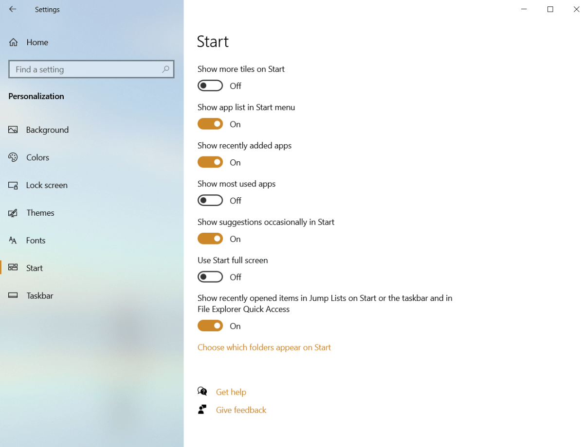 The Windows 10 Settings app displaying the Start options.