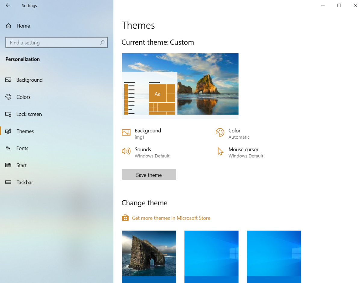 The Windows 10 Settings app displaying Themes options
