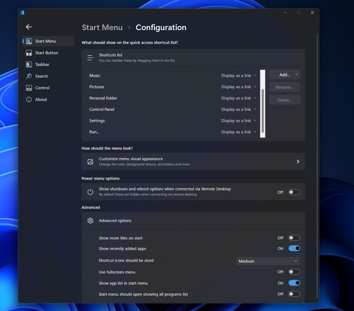 Stardock Start11 configuration menu