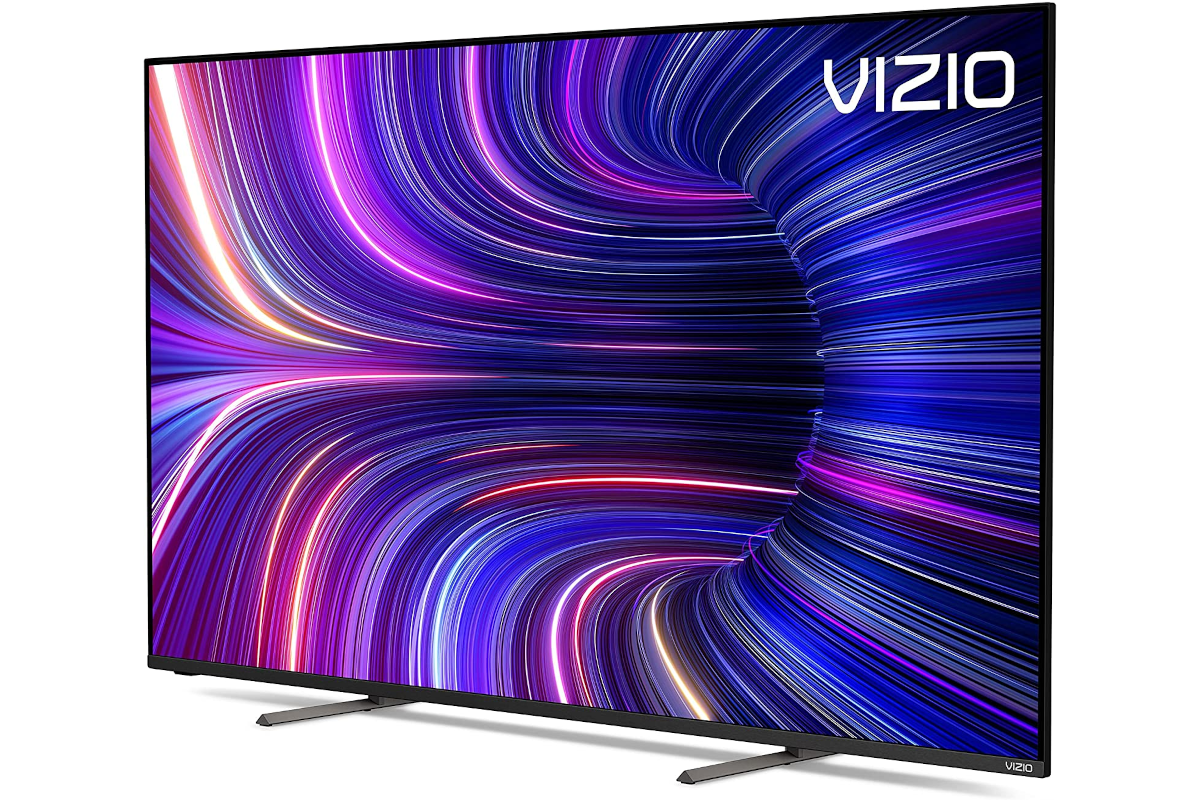 a Vizio TV facing towards the left with bright light streaks leading into a funnel.