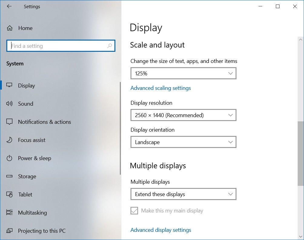 windows 10 display settings scale and layout