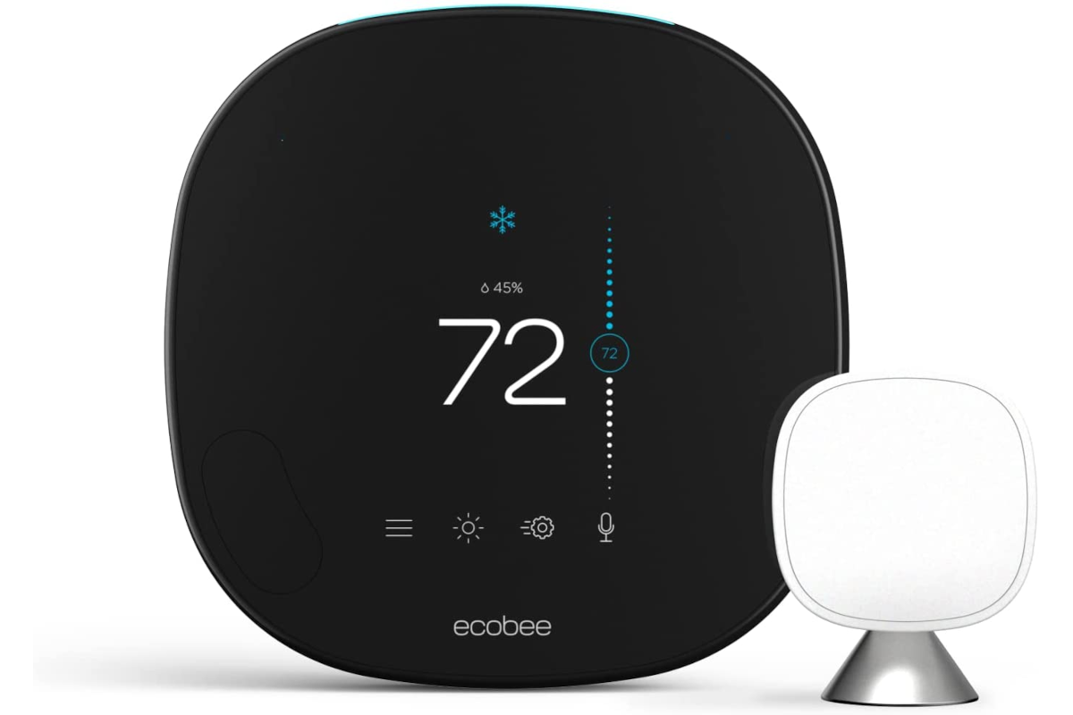 The Ecobee Smart Thermostat Facing Front With A Sensor On A White Background