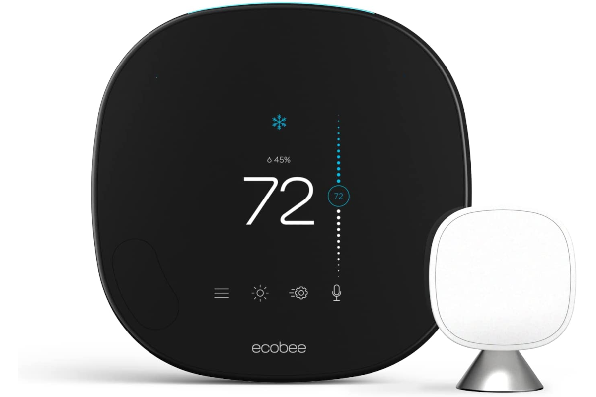 The ecobee smart thermostat facing front with a sensor on a white background