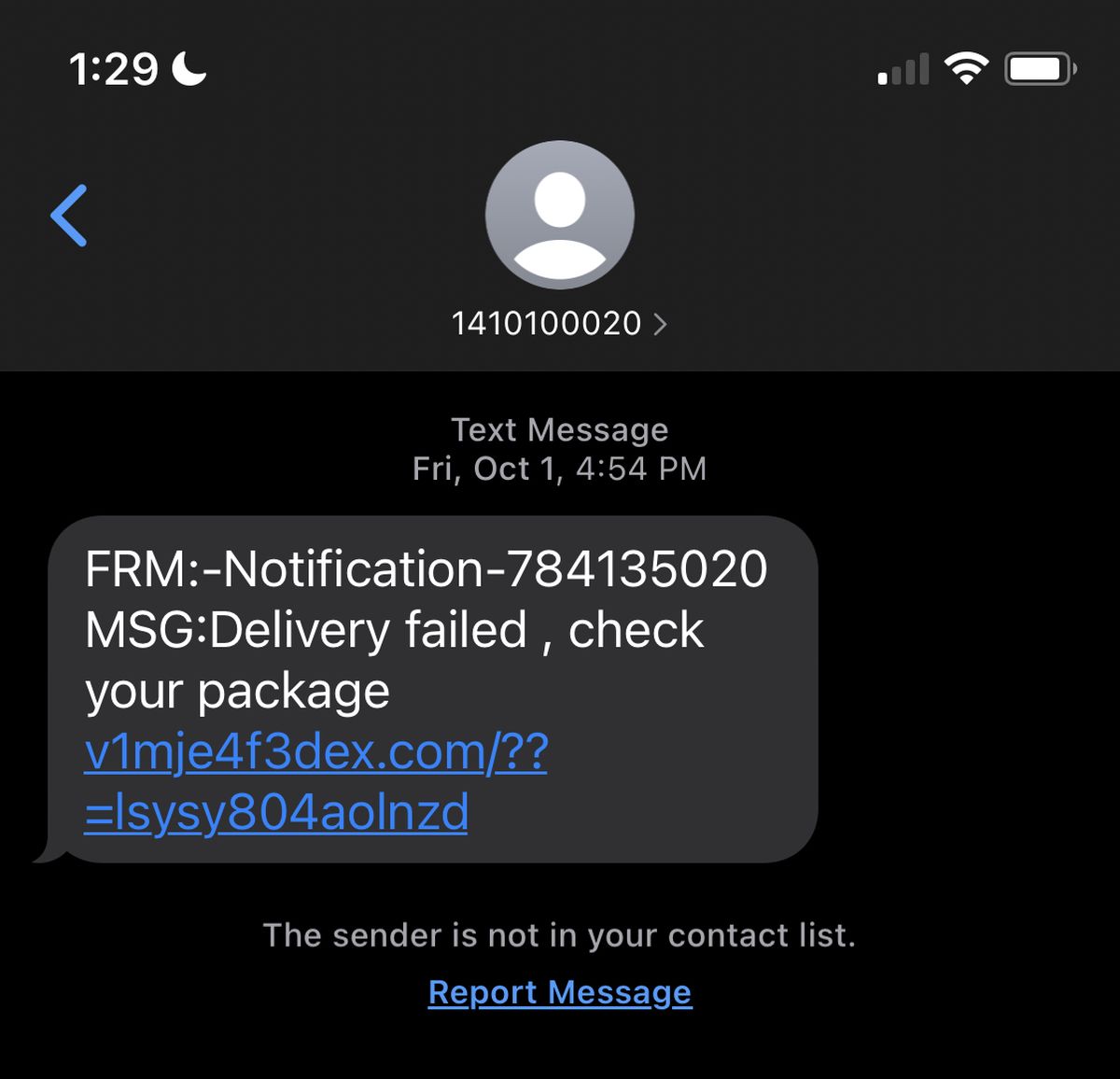 Spam failed package delivery text