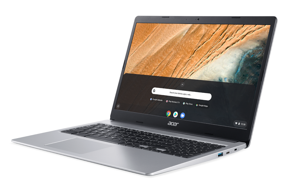 The Acer Chromebook 315 Facing From Right With A Shore Scene On The Wallpaper.