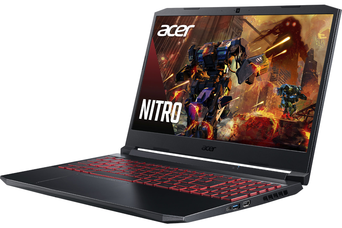 The Acer Nitro 5 facing from right with a robot battle image on the screen.