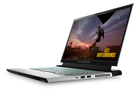 Alienware laptop facing from right with a PUBG Battlegrounds wallpaper on the screen