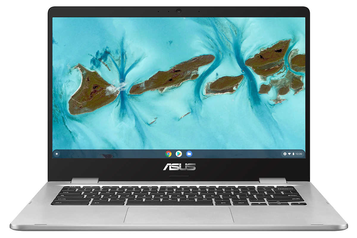 An Asus Chromebook with an island scene on the display