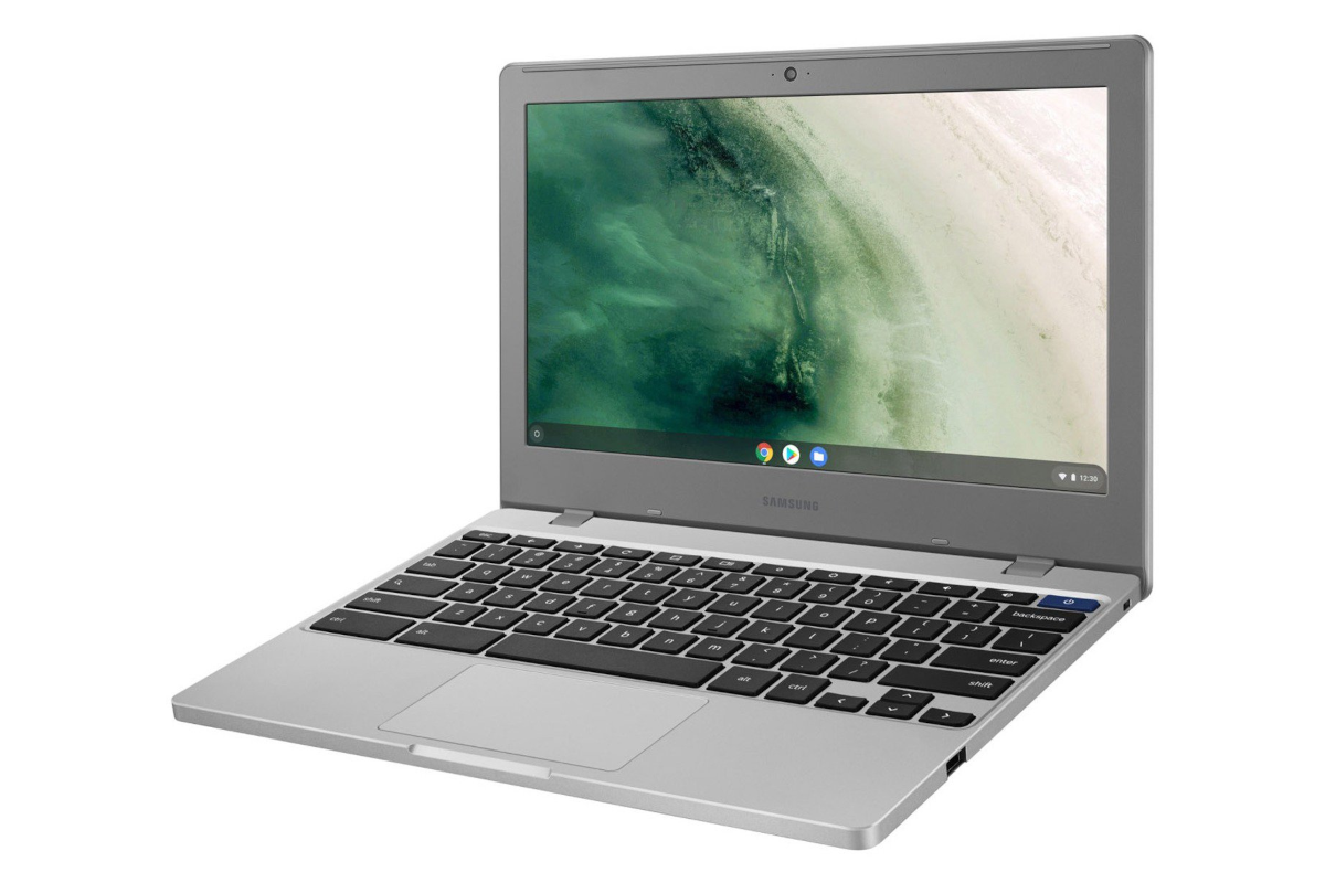 The Chromebook 4 facing from right with a shoreline aerial view on the screen.