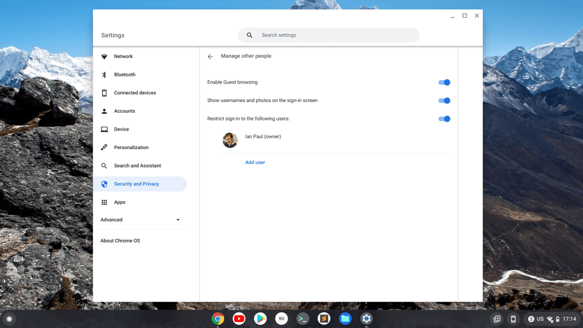 a chromebook desktop with the settings app displayed
