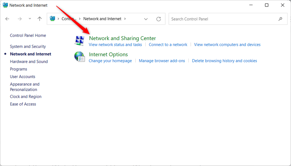 Click network and sharing center
