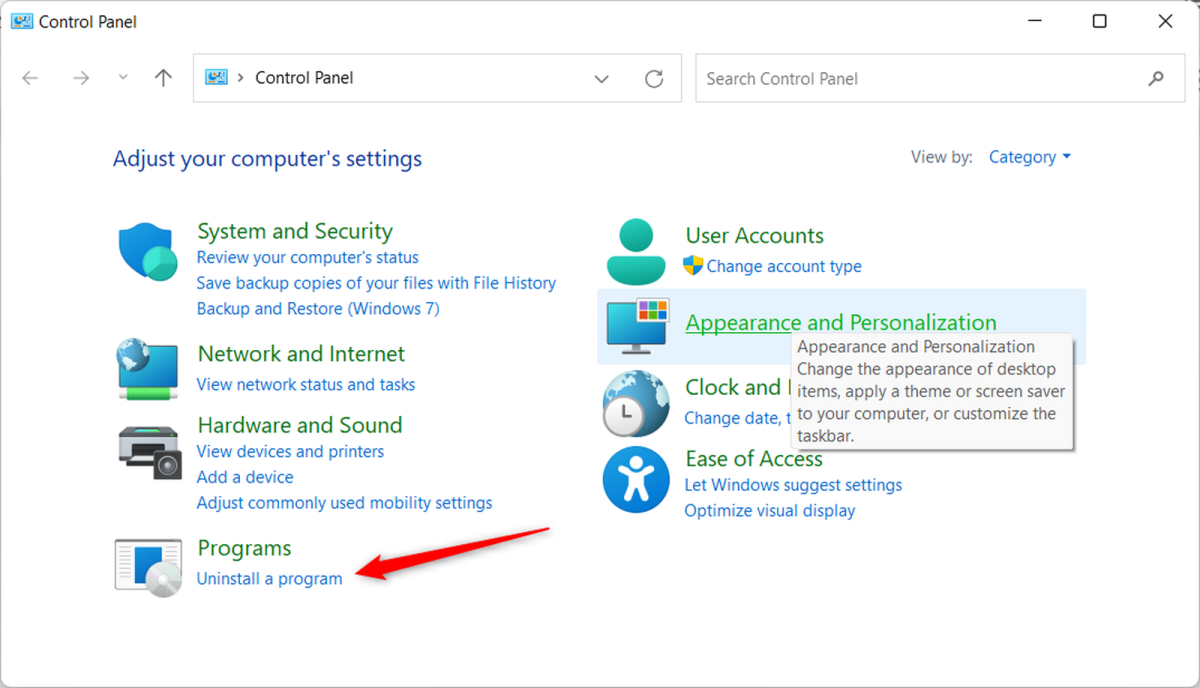 Where to uninstall a program in the Windows Control Panel