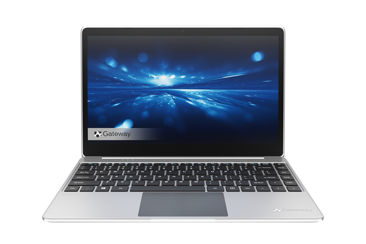 A Silver gateway laptop with a space image as the screen background.