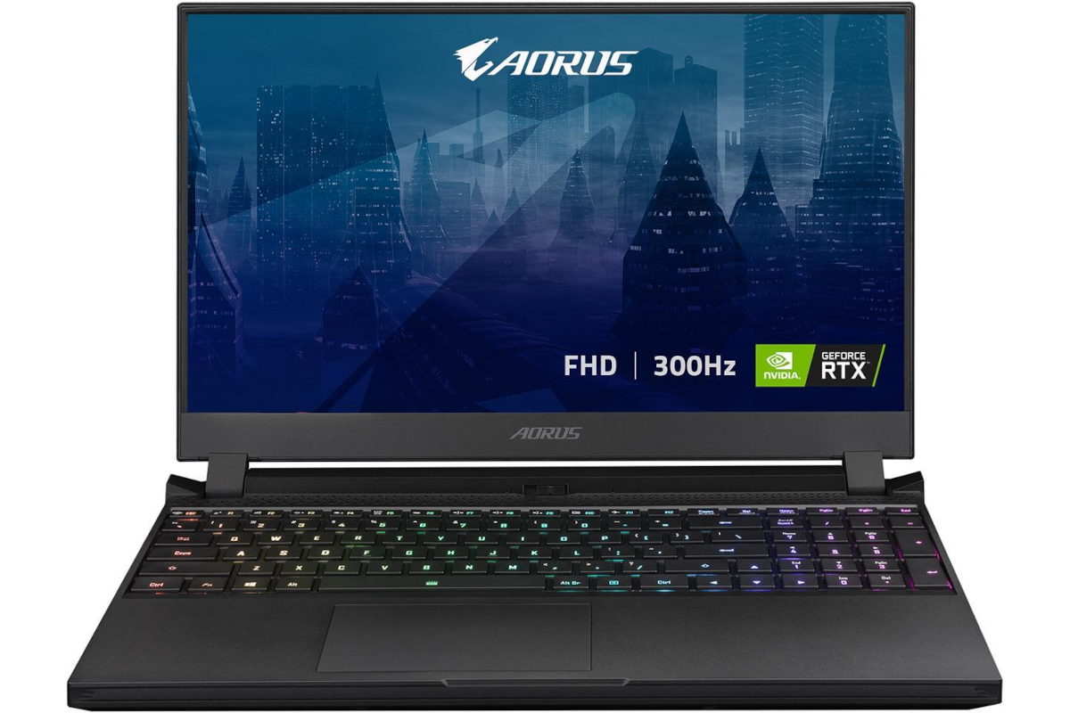 A Gigabyte Aorus laptop facing front with a lit RGB keyboard.