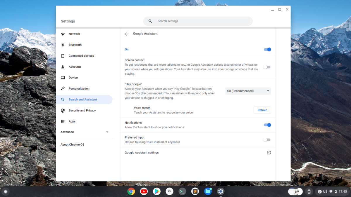 Chrome OS Google Assistant settings