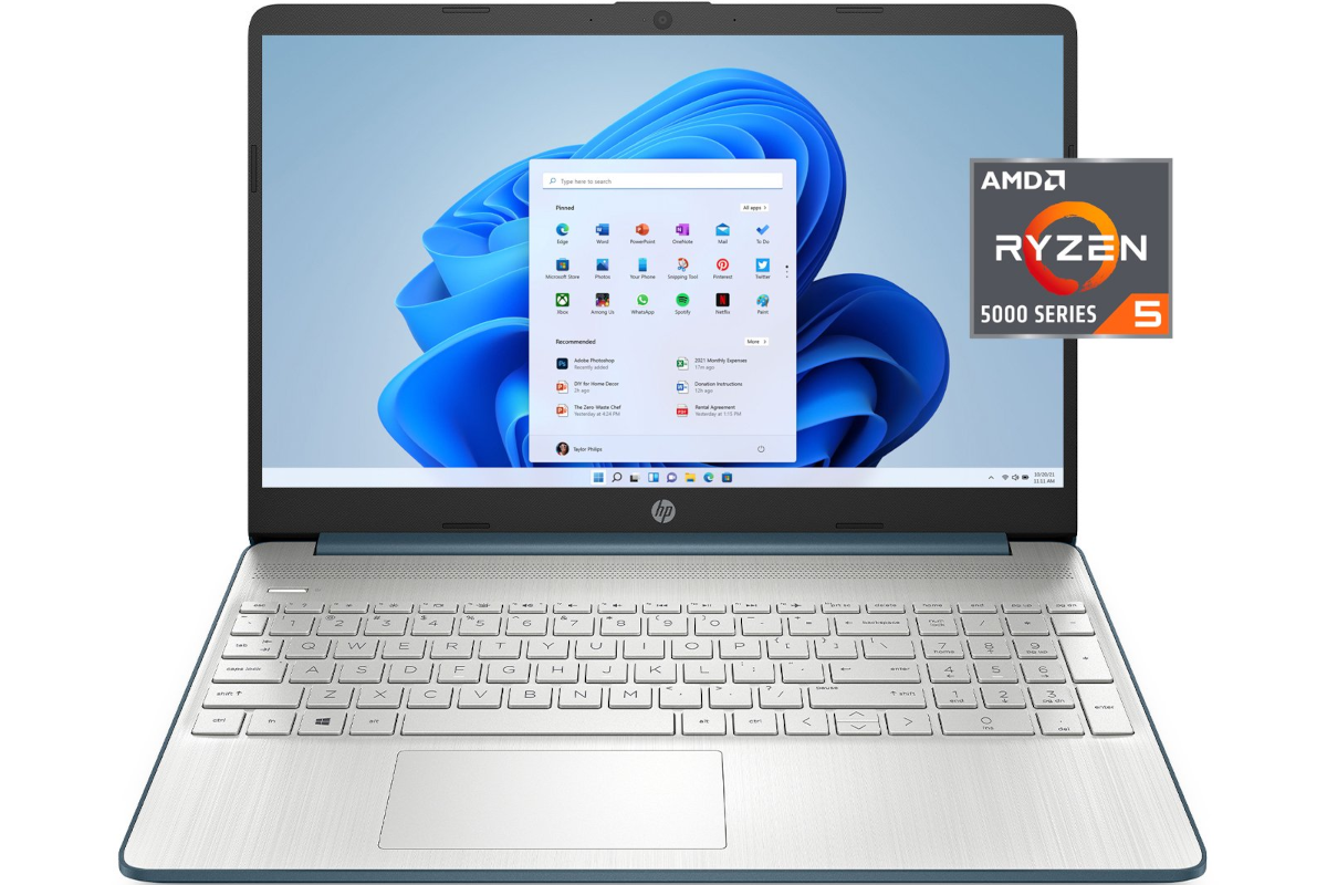 A silver HP laptop facing front with a Windows 11 desktop displayed.