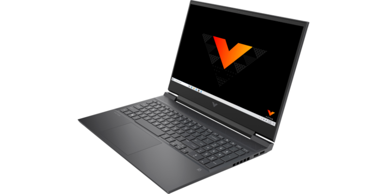 The HP Victus 16t laptop facing from right with a bold, orange V on the screen.