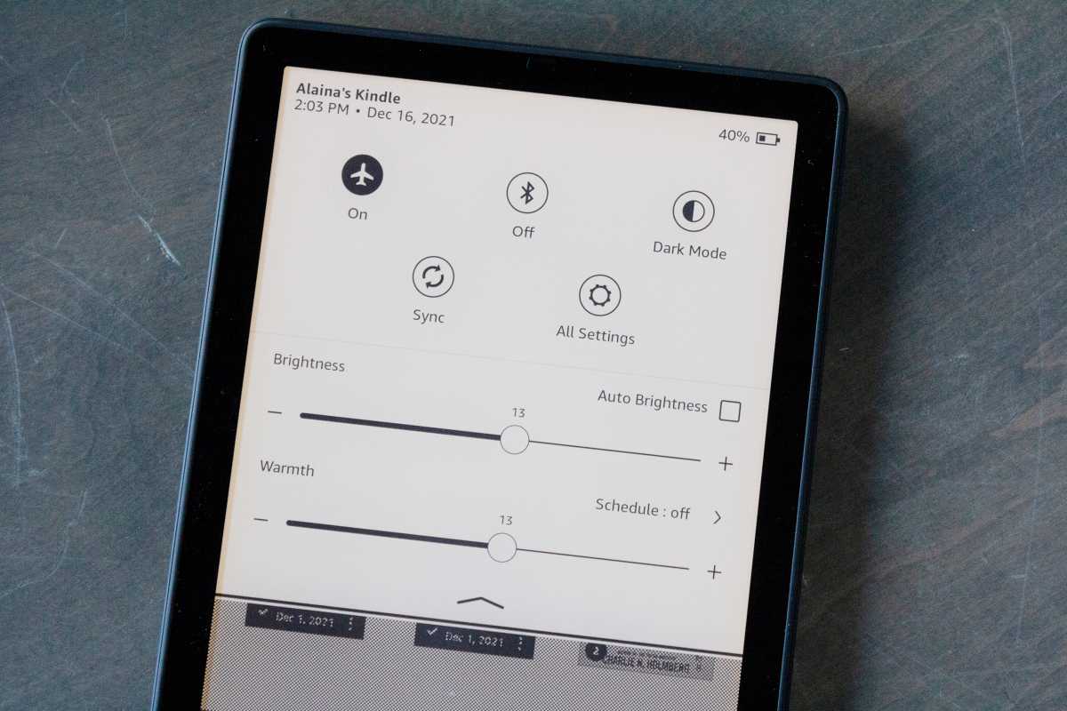 Quick settings menu on the Kindle Paperwhite (Signature Edition)