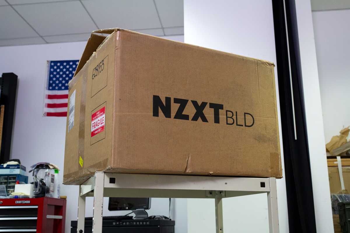 NZXT BLD Kit shipping box on a cart