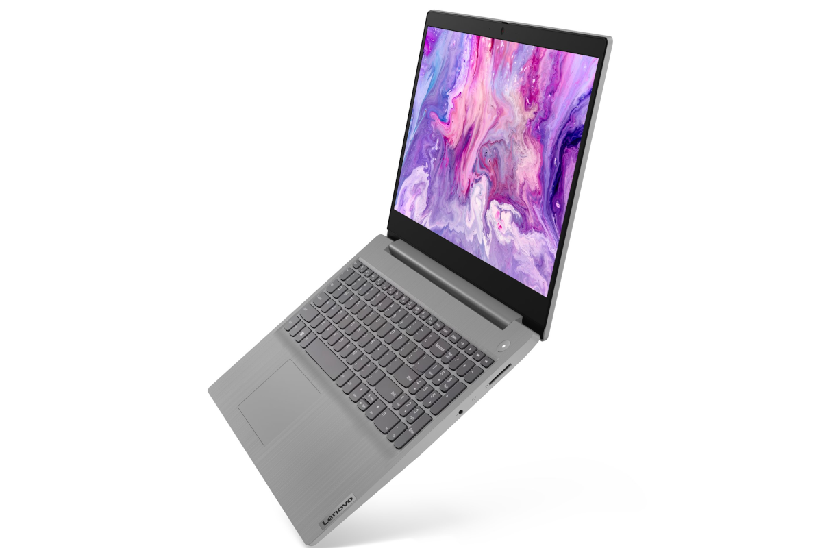 A grey Lenovo IdeaPad 3i with a purple abstract image on the screen.