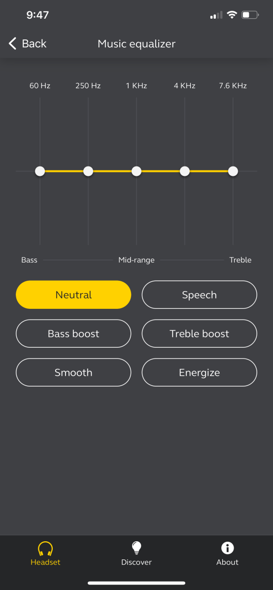 Equalizer settings in the Jabra Sound+ app