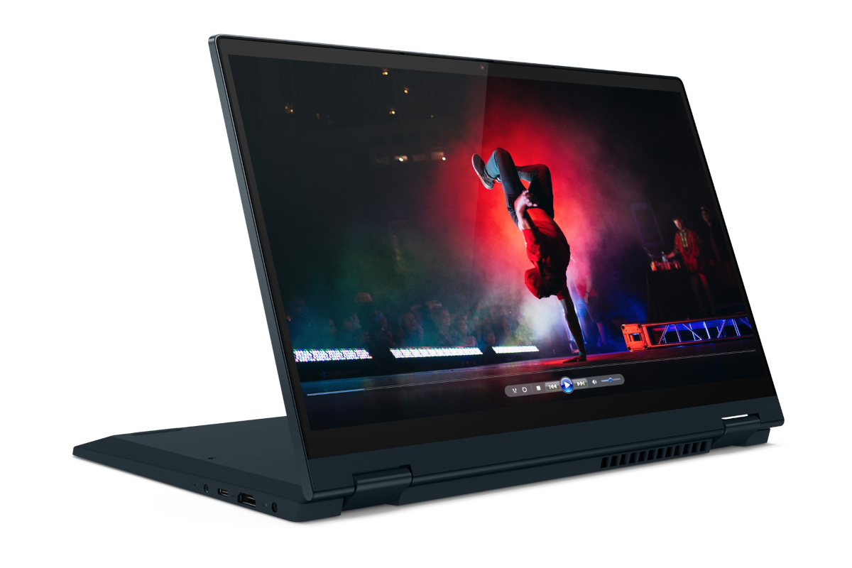 The Lenovo Flex 5 in display mode facing from left with a dance performance video playing.