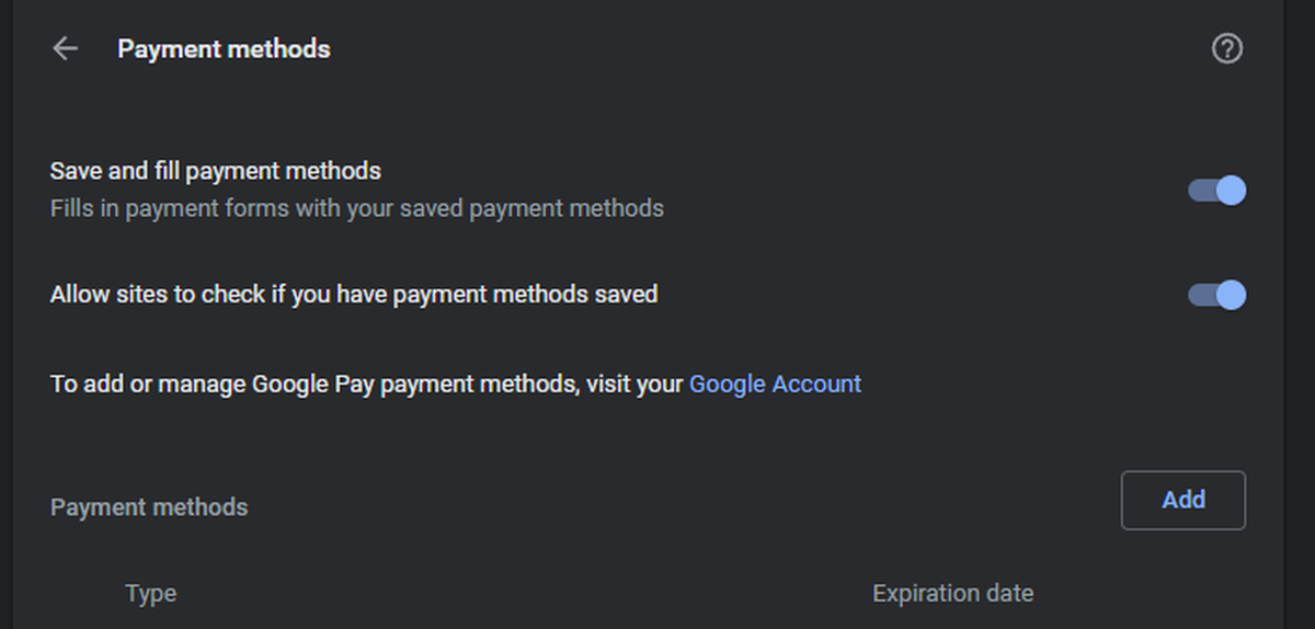 Clear payment methods in Chrome