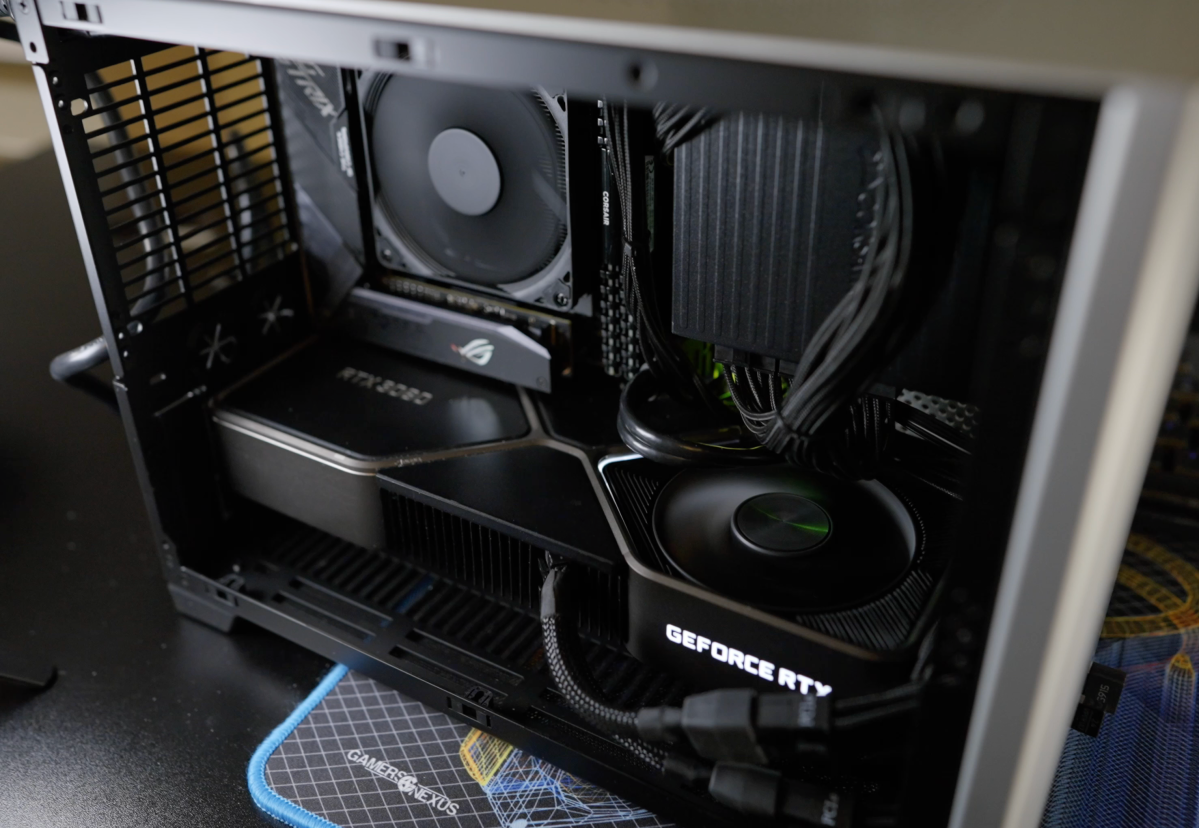 A GeForce RTX 3080 in a computer case.