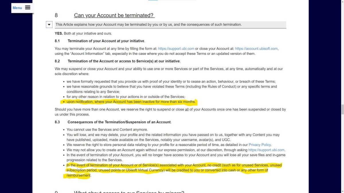 screen shot of Ubi's policy of deleting accounts that are "inactive."