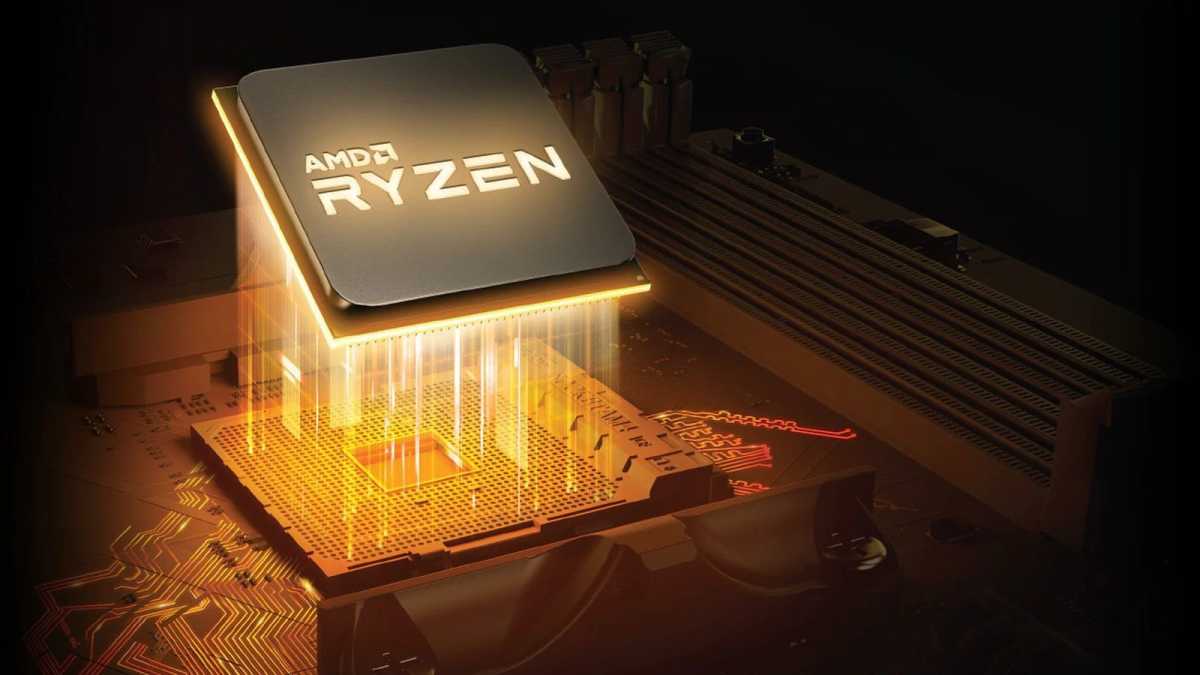 Generic rendered AMD Ryzen CPU hovering over a CPU socket