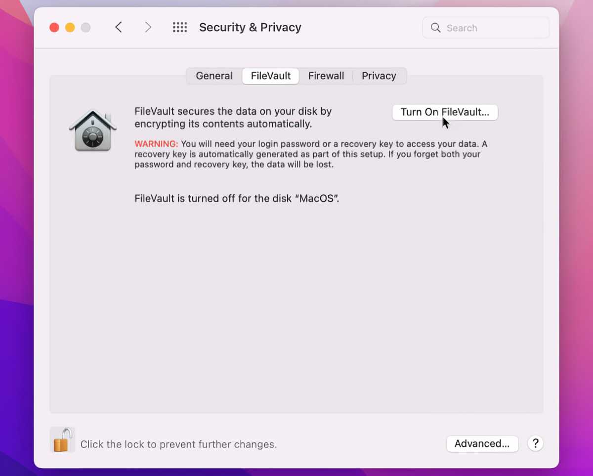 macos FileVault settings