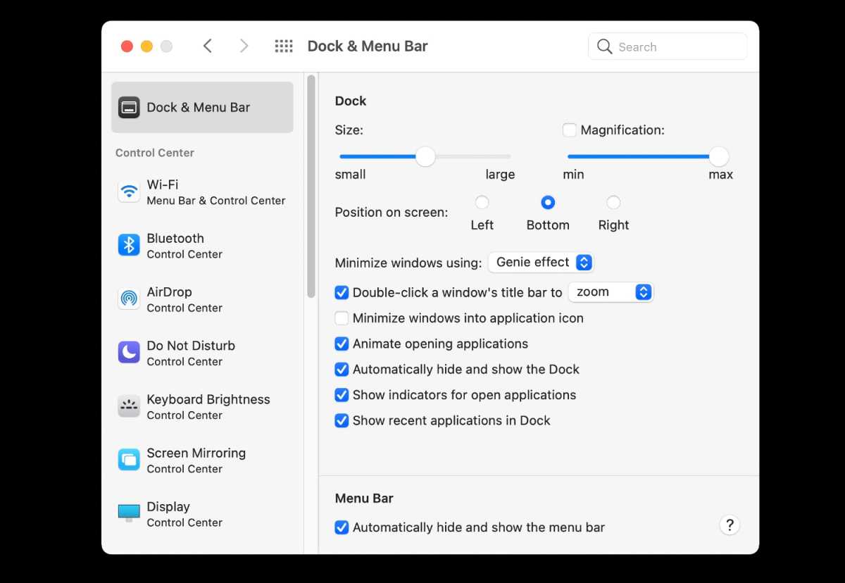 Monterey Dock & Menu Bar settings