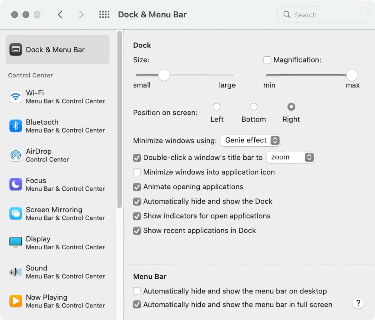 Monterey Dock Settings