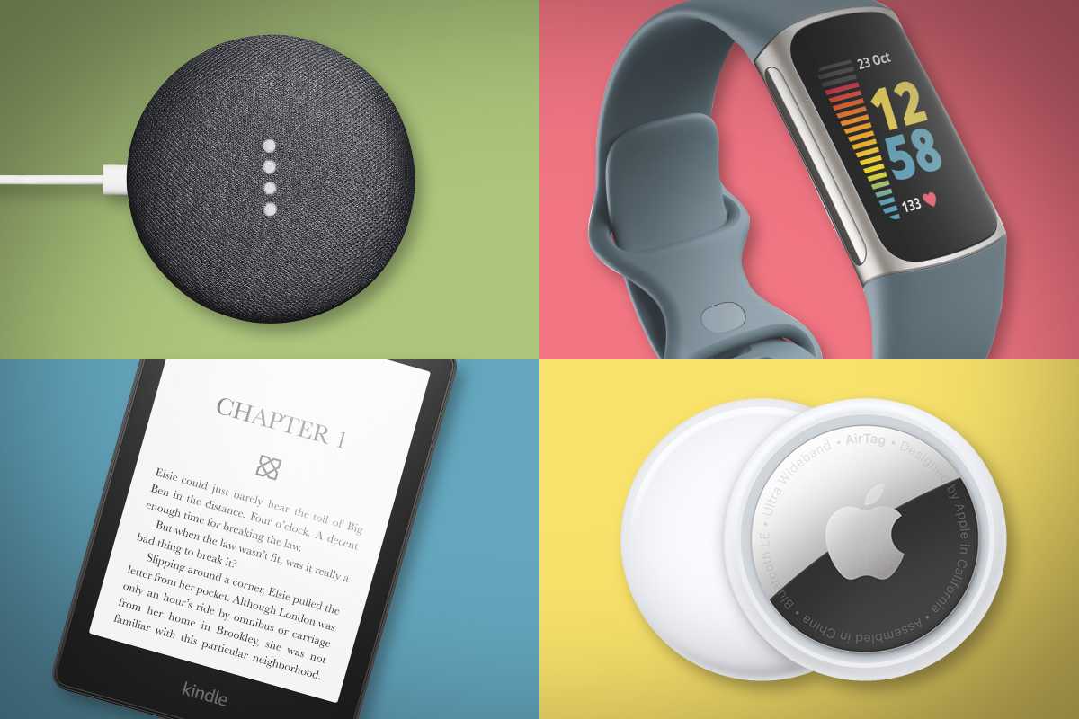 Composite image of a Google Nest Mini, Fitbit Charge 5, Kindle Paperwhite, and Apple AirTag on different colored backgrounds