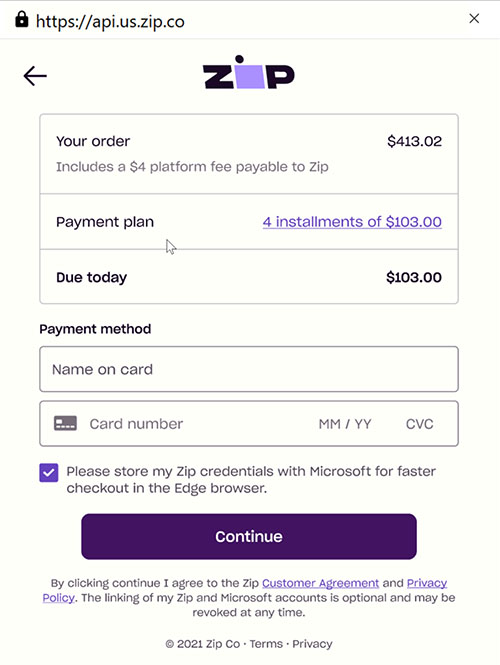 Zip payments microsoft edge 
