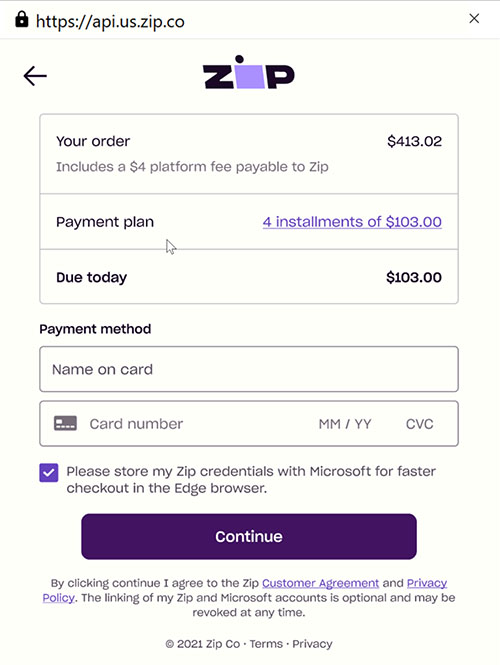 Zip Payments Microsoft Edge 