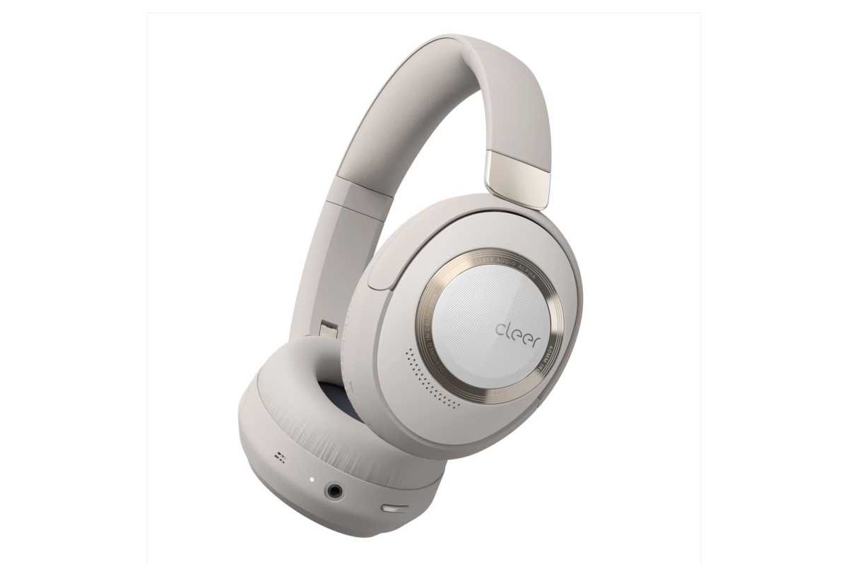 Cleer Alpha headphone angled to show 3.5mm input