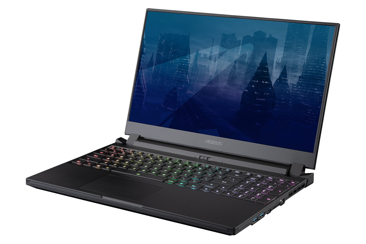 a gray aorus gaming laptop facing from right