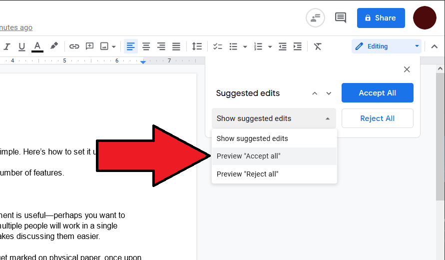 Google Docs Preview "Accept All" suggestions