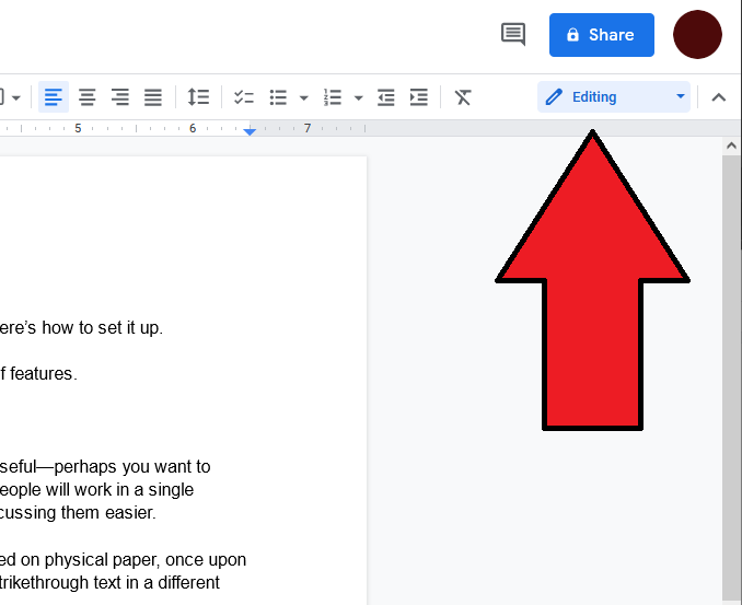Menu déroulant Google Docs pour les modes d'édition, de suggestion et d'affichage