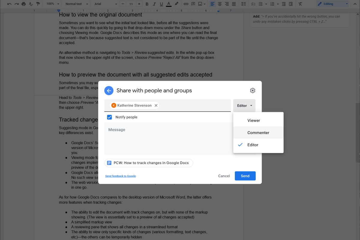 Google Docs sharing in commenter mode