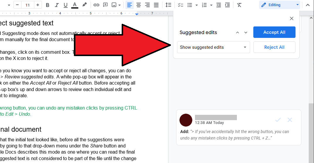 Boîte de modifications suggérées pour l'examen de Google Docs