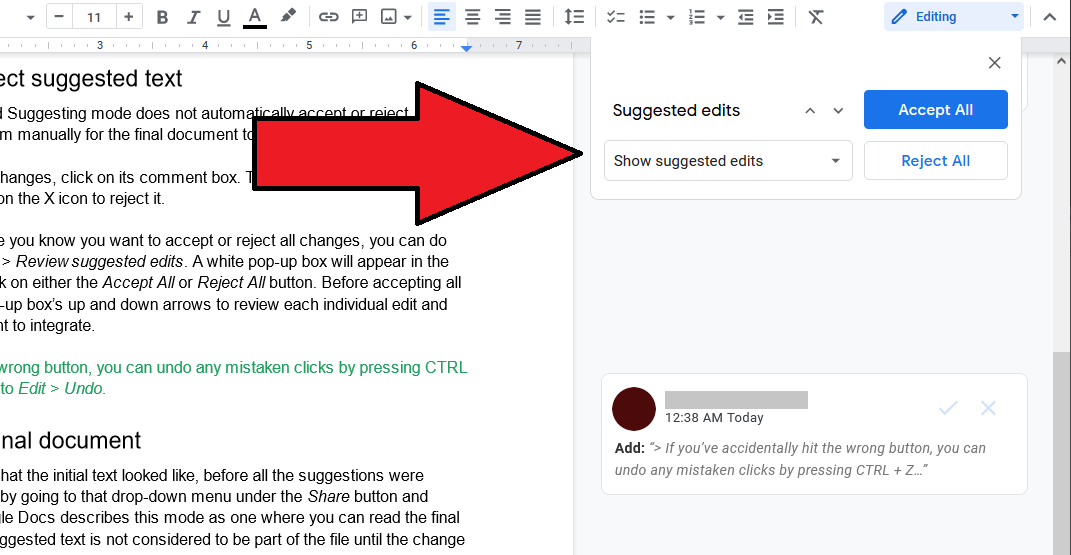 Boîte De Modifications Suggérées Pour L'Examen De Google Docs