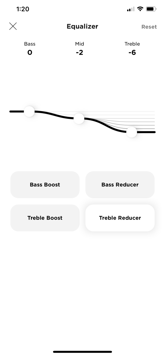 The Equalizer (EQ) interface for Bose QuietComfort Earbuds in the Bose Music app (Treble Reducer preset)