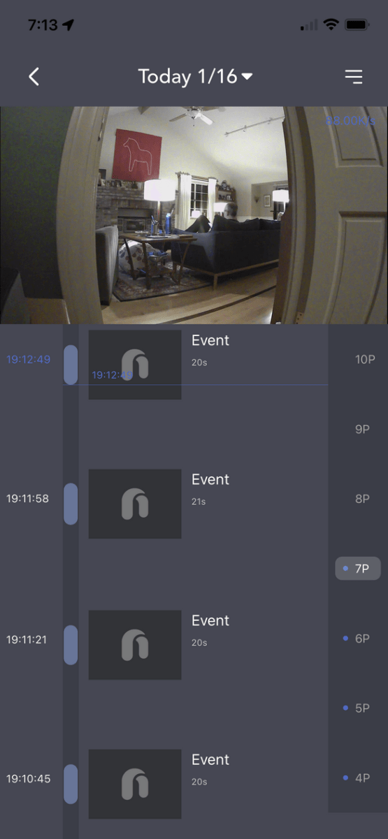 Timeline of video clips in the Nooie app
