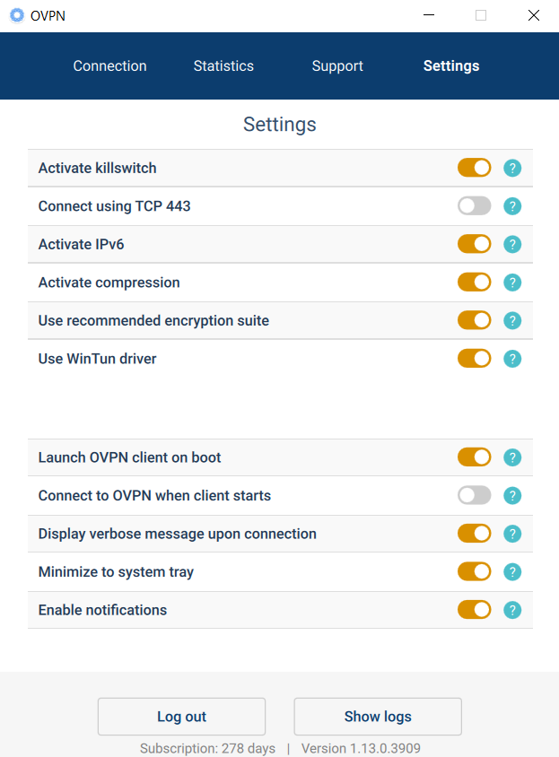 OVPN's settings screen with a large set of slider buttons
